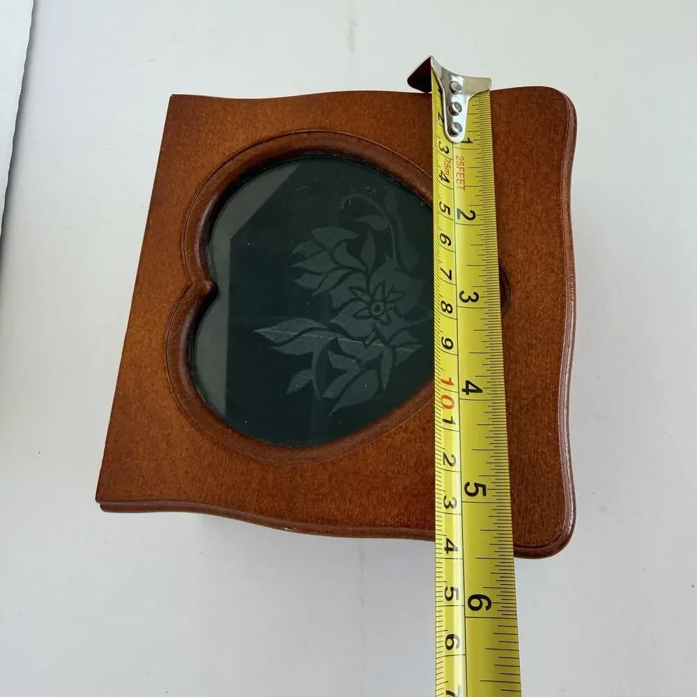 Vintage Dark Wood Jewelry Box with heart shaped glass panel